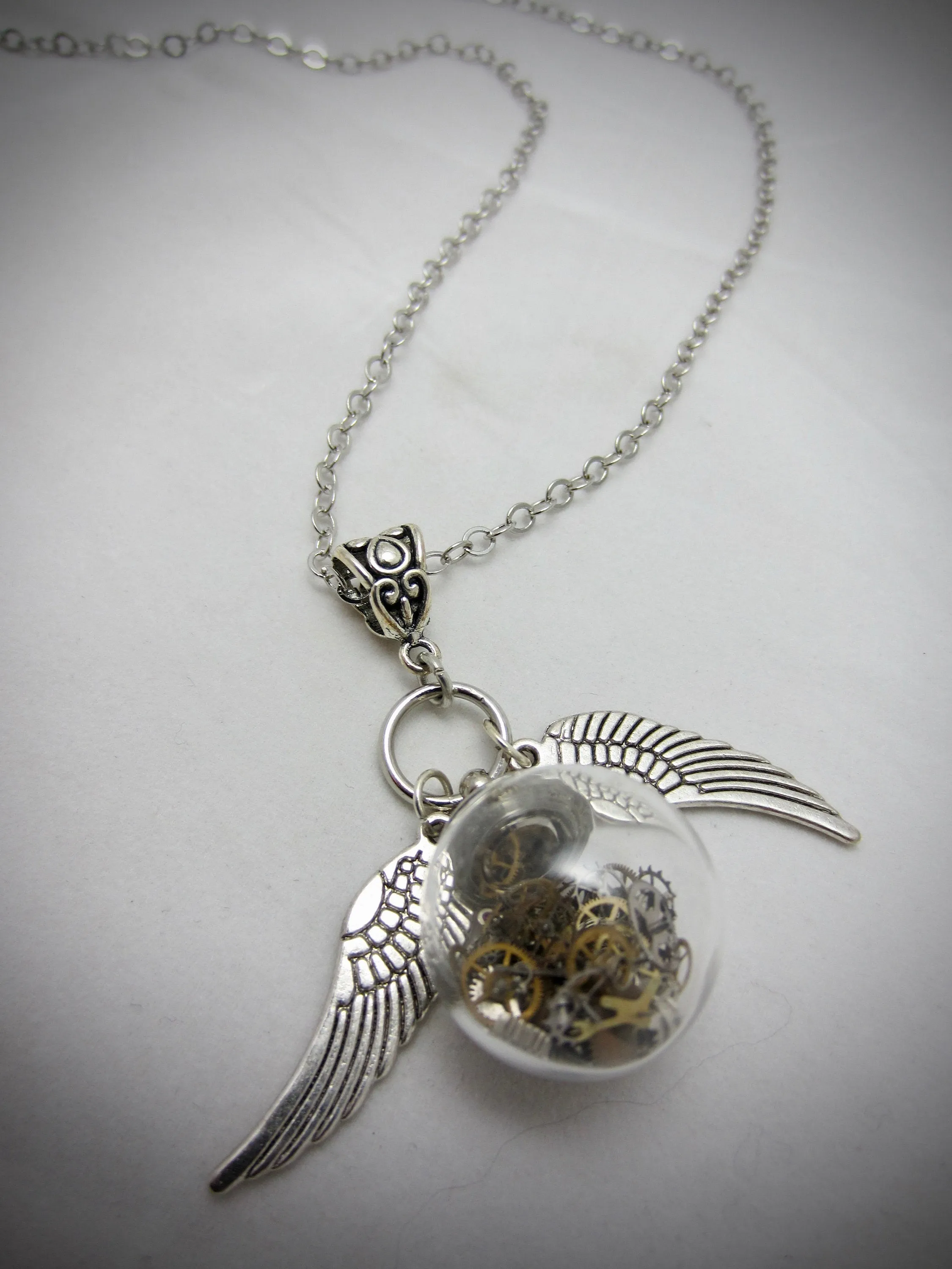 Steampunk jewelry Pendant Gift for her Steampunk Glass Bottle Necklace with Vintage Watch Parts, Wheels, Gears and wings