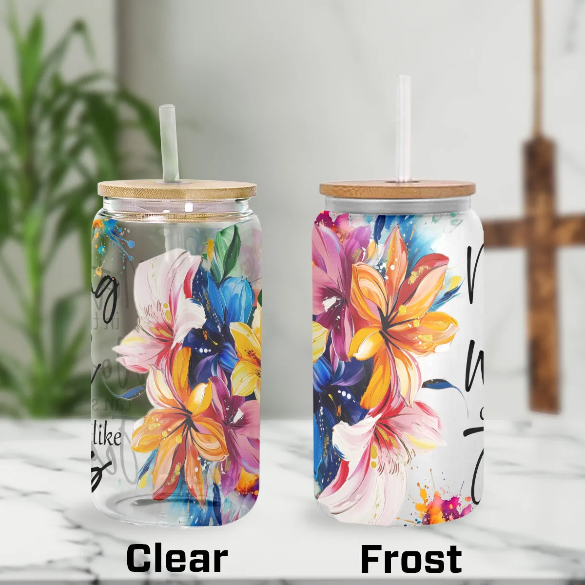 Teesdily | Colorful Flower Frosted Can, Nothing In This World Can Satisfy My Soul Like Jesus Bible Verse Glass Can, Gift For God Believers