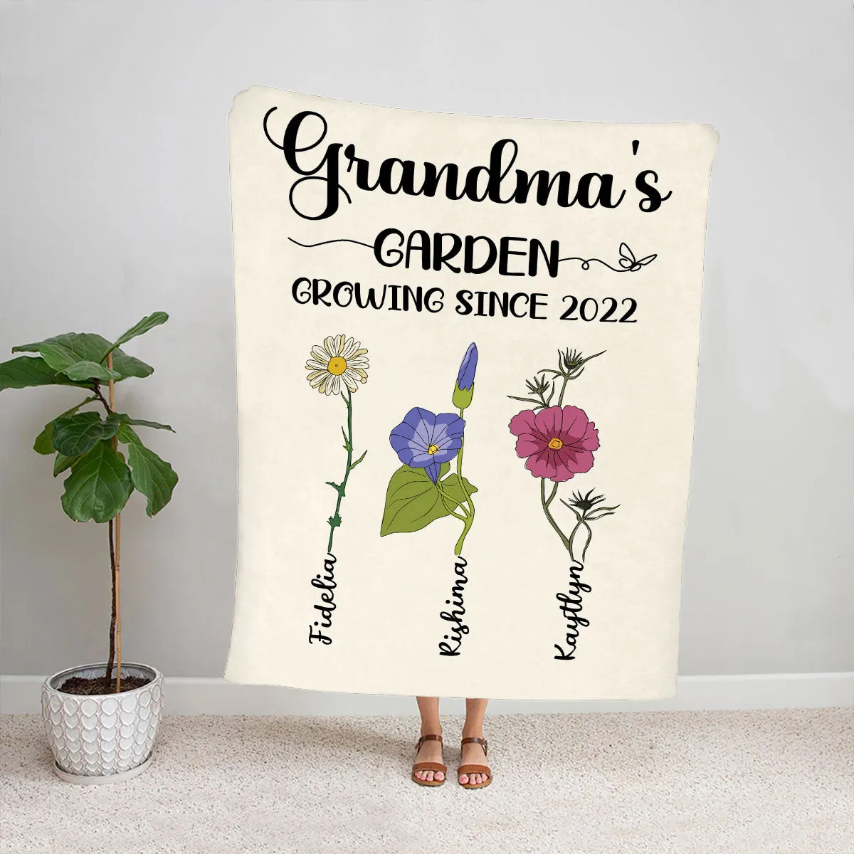 Teesdily | Grandma's Garden Growing Since Customized Year Throw Blanket Floral Print Vintage Sherpa Fleece Blanket Mothers Day Custom Gifts