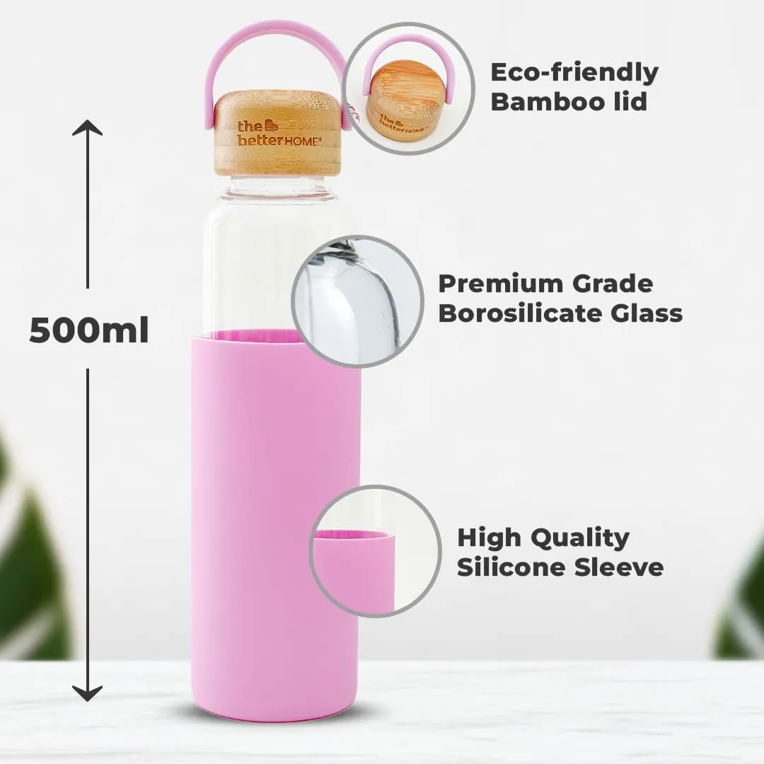 The Better Home Borosilicate Glass Water Bottle with Sleeve (500ml) | Non Slip Silicon Sleeve & Bamboo Lid | Fridge Water Bottles for Men, Women & Kids | Water Bottles for Fridge | Pink (Pack of 20)