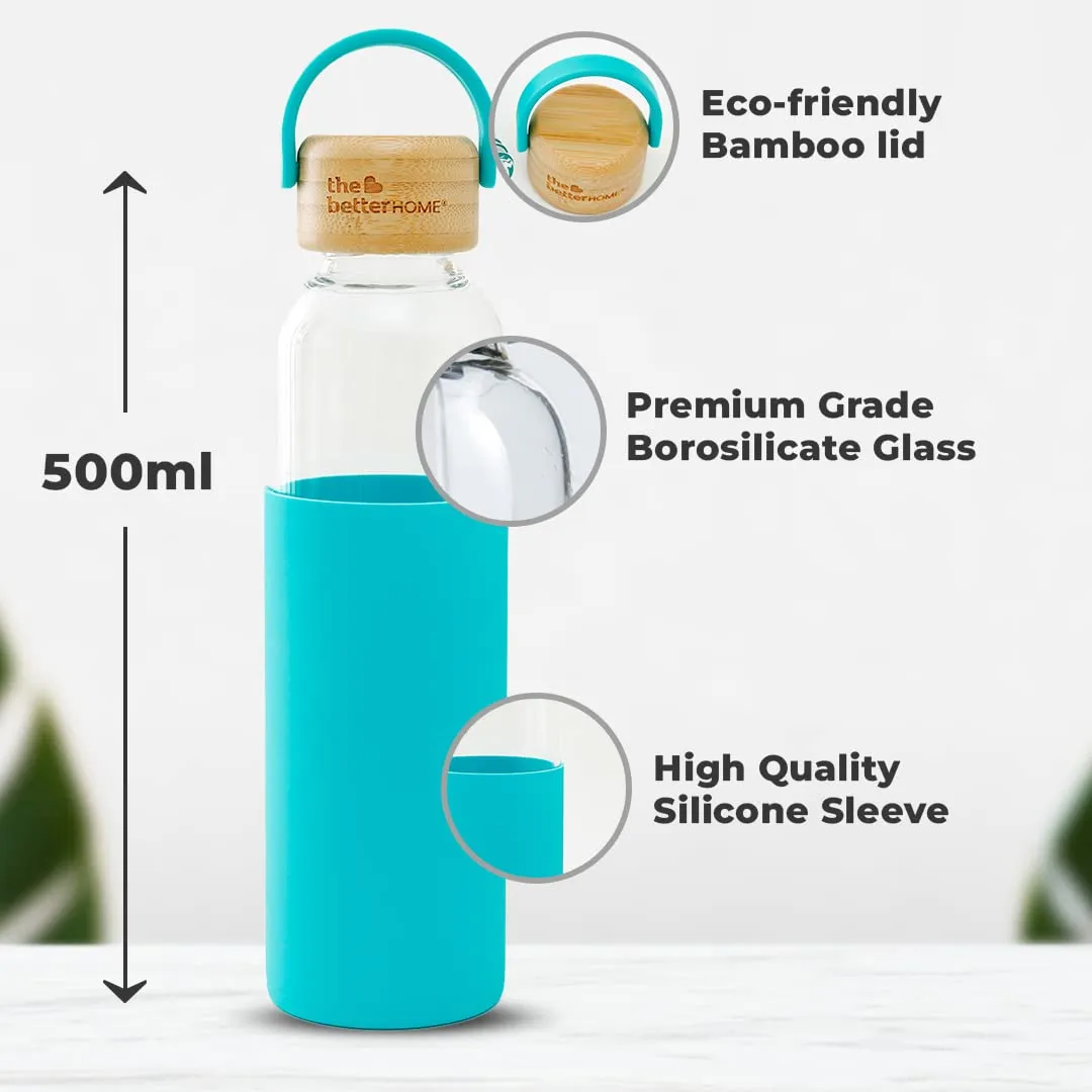 The Better Home Borosilicate Glass Water Bottle with Sleeve (500ml) | Non Slip Silicon Sleeve & Bamboo Lid | Water Bottles for Fridge | Light Blue (Pack of 100)