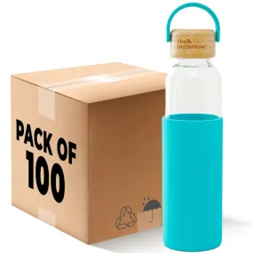 The Better Home Borosilicate Glass Water Bottle with Sleeve (500ml) | Non Slip Silicon Sleeve & Bamboo Lid | Water Bottles for Fridge | Light Blue (Pack of 100)