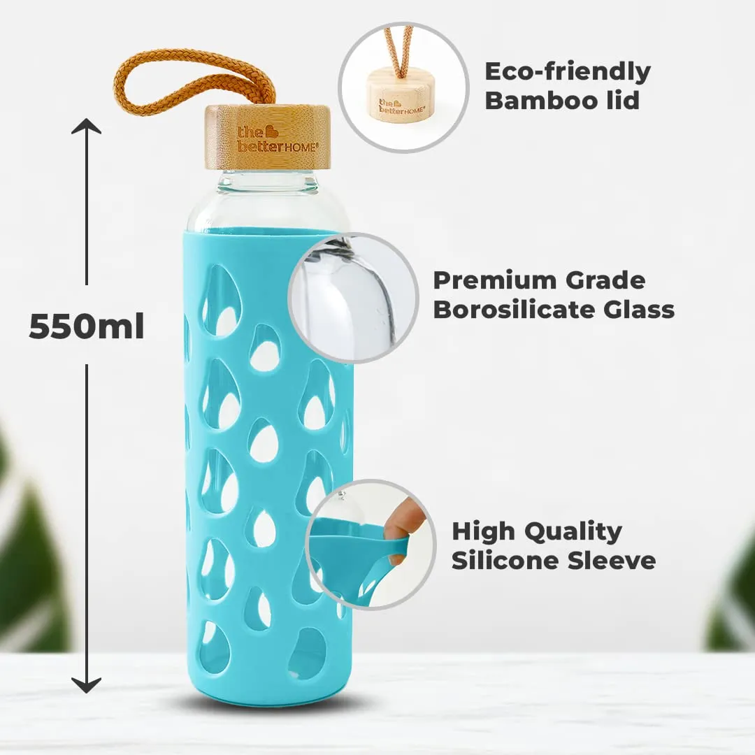 The Better Home Borosilicate Glass Water Bottle with Sleeve 550ml | Non Slip Silicon Sleeve & Bamboo Lid | Water Bottles for Fridge | Light Blue (Pack of 100)