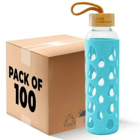 The Better Home Borosilicate Glass Water Bottle with Sleeve 550ml | Non Slip Silicon Sleeve & Bamboo Lid | Water Bottles for Fridge | Light Blue (Pack of 100)