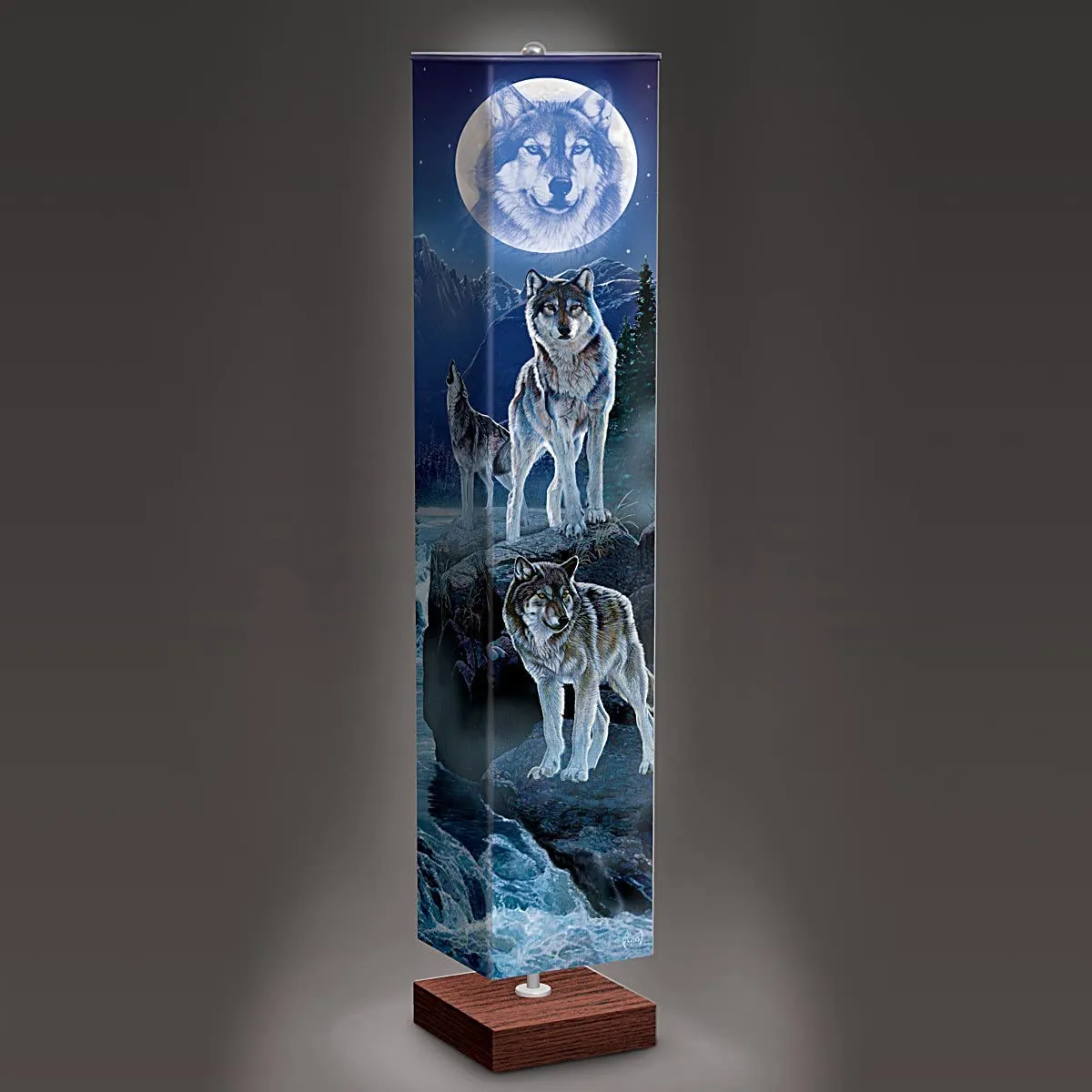 The Bradford Exchange Al Agnew 'Mystic Moonlight' Four-Sided Floor Lamp Limited Edition with Stunning Wolf Imagery Wrinkle-Resistant Fabric Shade Wood-Tone Base & Two Free Energy Efficient Bulbs 60-Inches