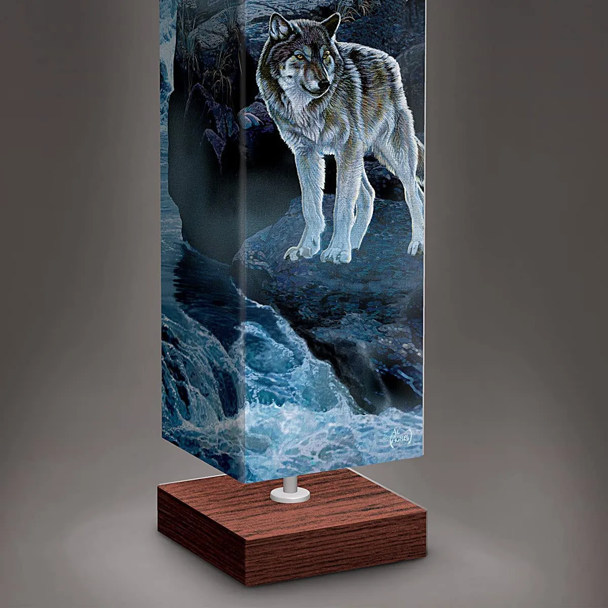 The Bradford Exchange Al Agnew 'Mystic Moonlight' Four-Sided Floor Lamp Limited Edition with Stunning Wolf Imagery Wrinkle-Resistant Fabric Shade Wood-Tone Base & Two Free Energy Efficient Bulbs 60-Inches