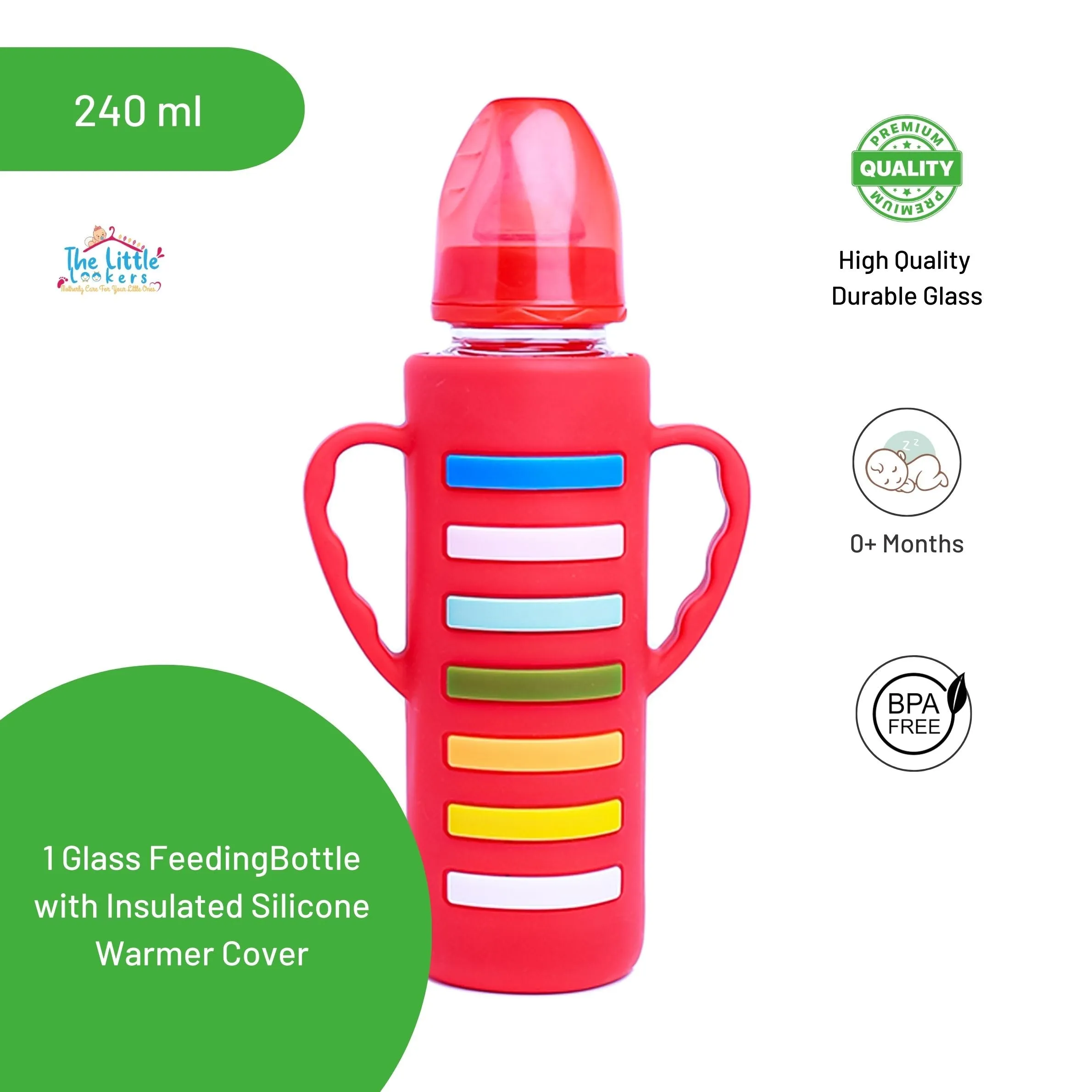 The Little Lookers High Borosilicate Glass Feeding Bottle with Handle Silicon Cover for Baby/Feeder for Newborn | Super Soft Flow Control & Anti Colic Nipple for Infants/Toddlers(Pack of 3)