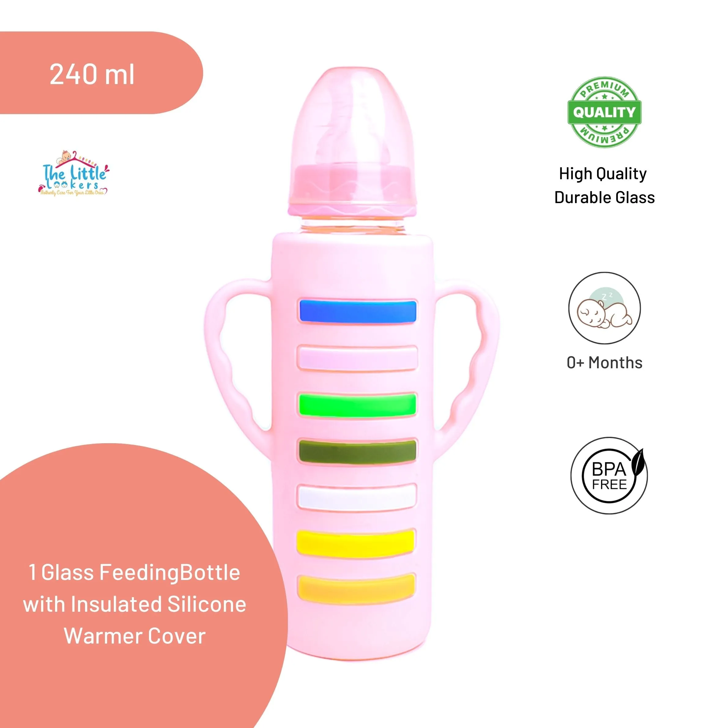 The Little Lookers High Borosilicate Glass Feeding Bottle with Handle Silicon Cover for Baby/Feeder for Newborn | Super Soft Flow Control & Anti Colic Nipple for Infants/Toddlers(Pack of 3)