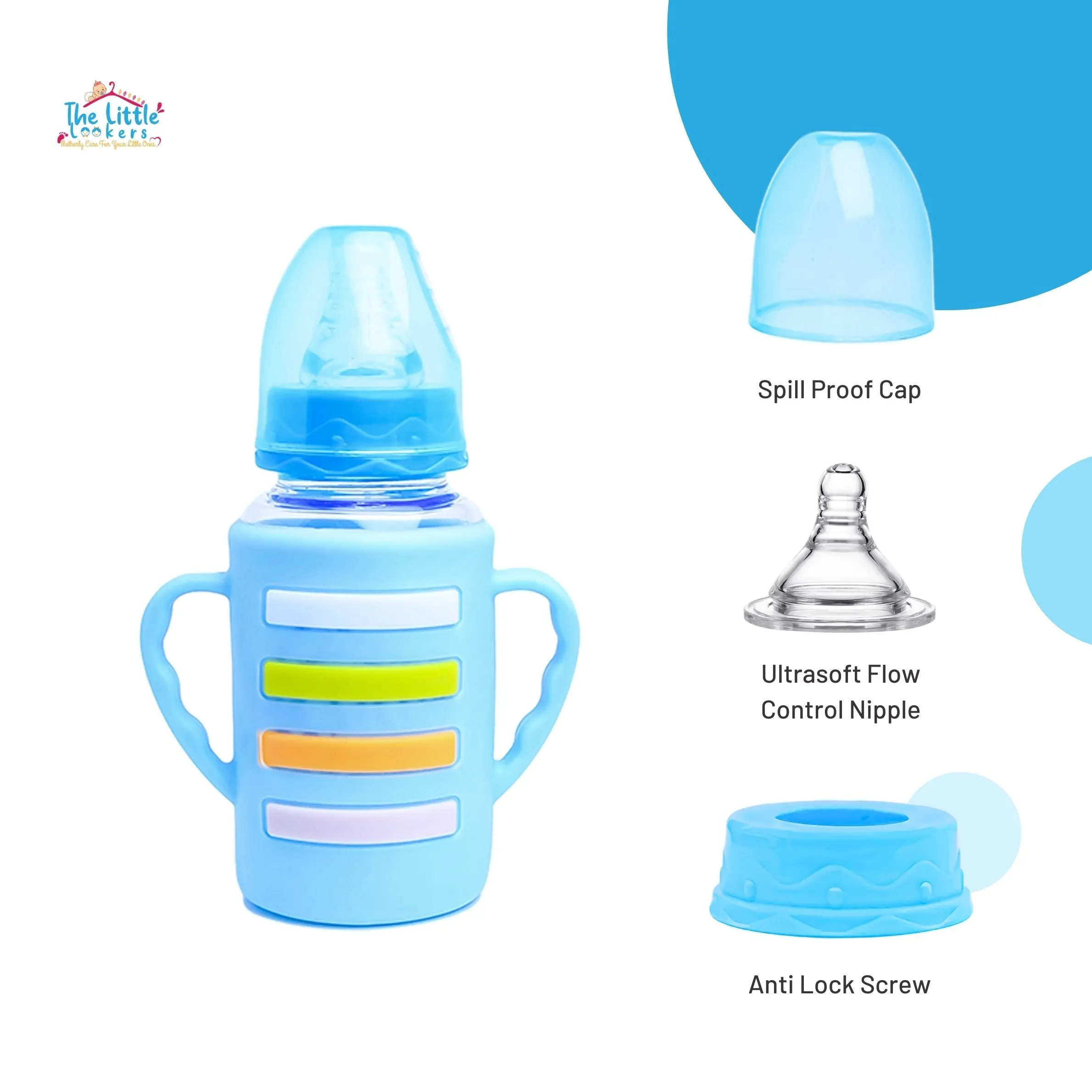 The Little Lookers High Borosilicate Glass Feeding Bottle with Handle Silicon Cover for Baby/Feeder for Newborn | Super Soft Flow Control & Anti Colic Nipple for Infants/Toddlers(Pack of 3)