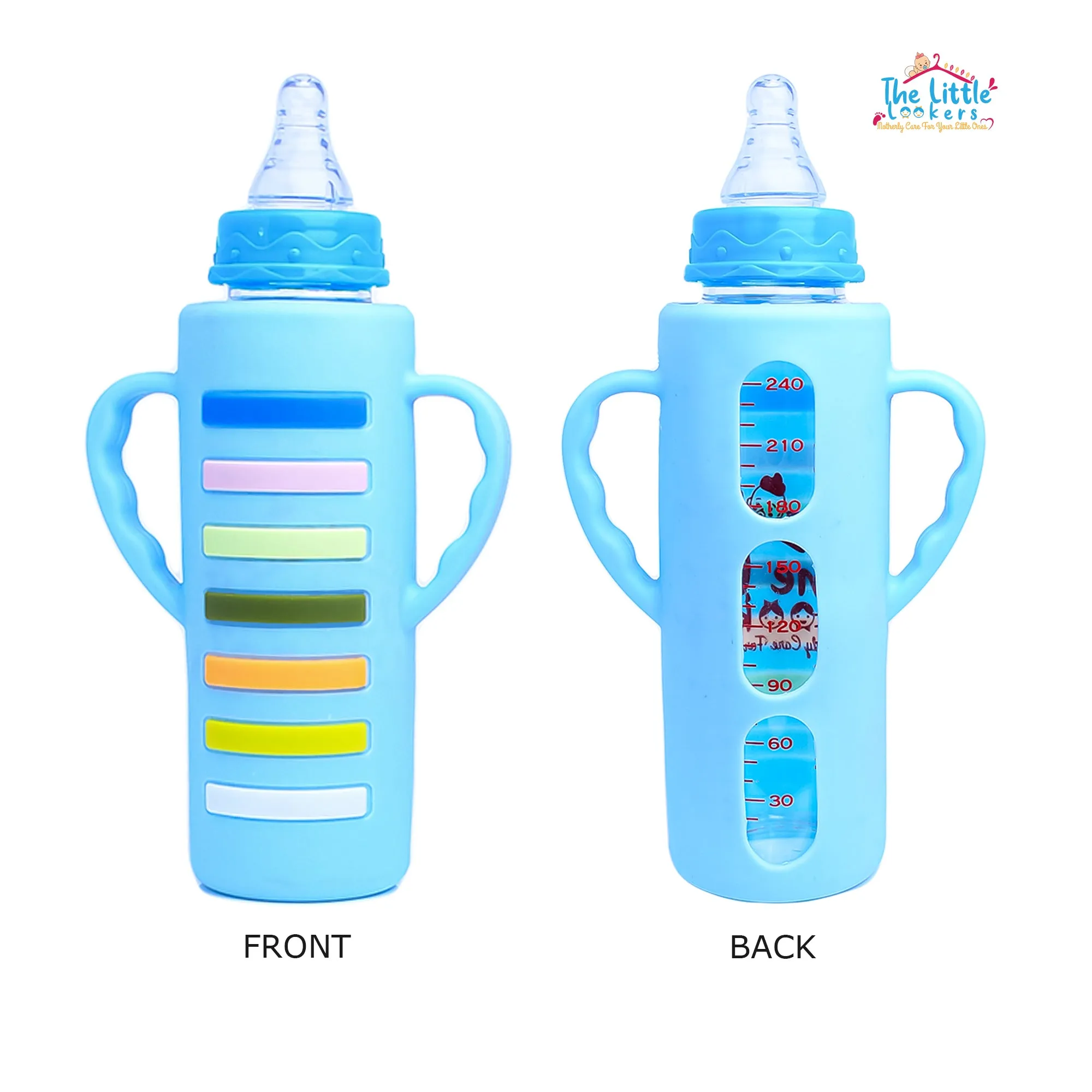 The Little Lookers High Borosilicate Glass Feeding Bottle with Handle Silicon Cover for Baby/Feeder for Newborn | Super Soft Flow Control & Anti Colic Nipple for Infants/Toddlers(Pack of 3)