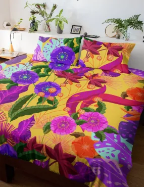 Tropical Yellow Duvet Cover Colorful Floral Design | Bedding Set with Pillow Cover Case