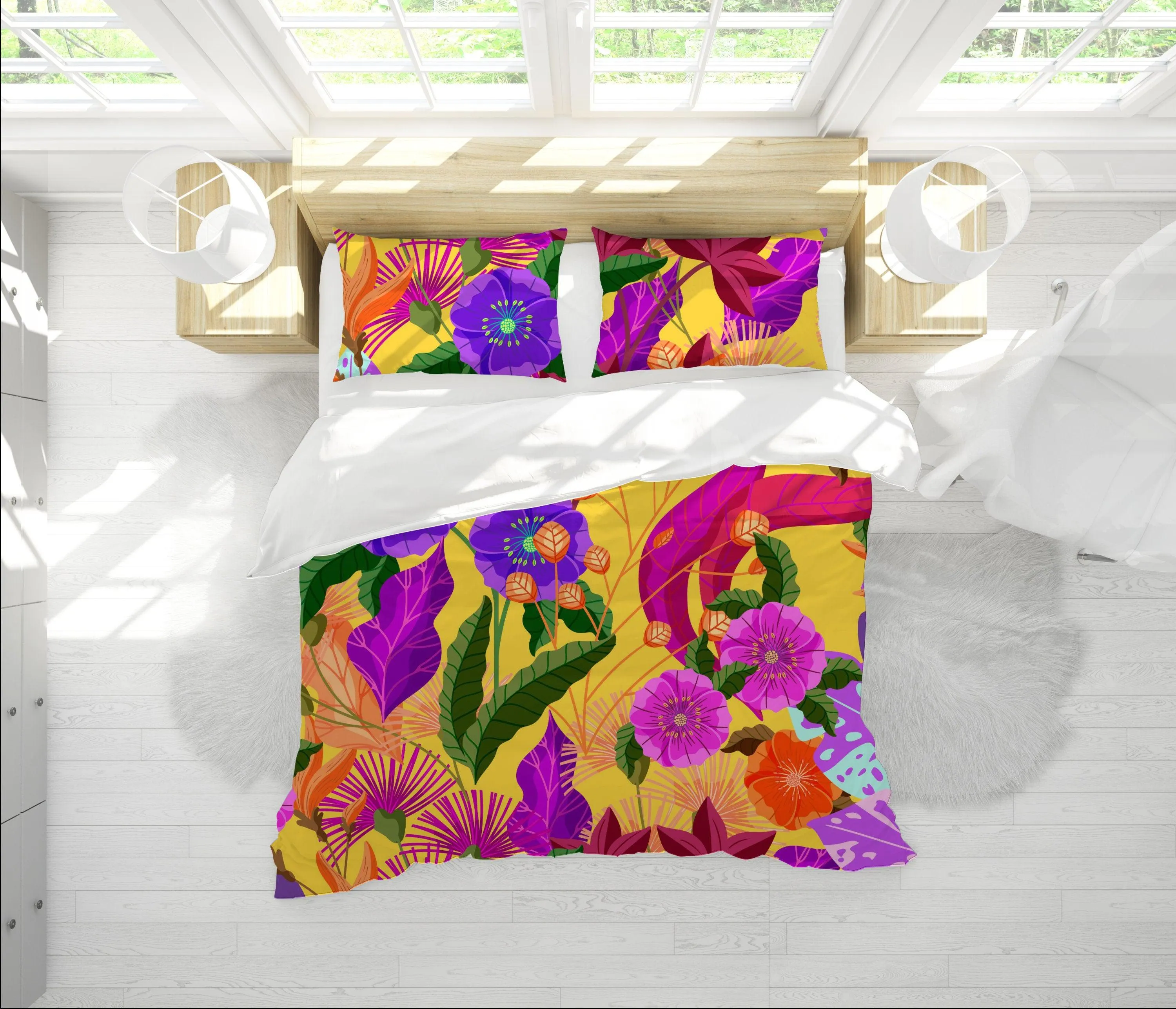 Tropical Yellow Duvet Cover Colorful Floral Design | Bedding Set with Pillow Cover Case