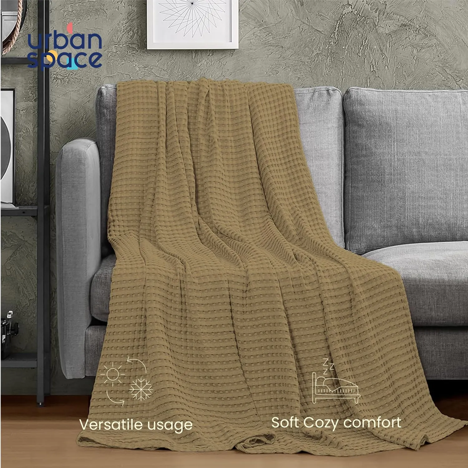 Urban Space 100% Cotton Waffle Weave Blanket, Cotton Dohar for Single Bed, Breathable & Skin Friendly All Season Blanket for Bed, Single Bed Blanket (145cm x 225cm, Beige)