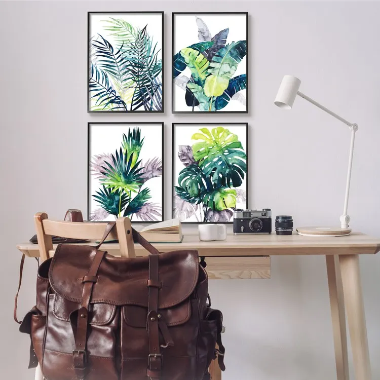 Various Tropical Palm Fans Green Blue Plants 20" x 16" Black Framed Wall Art Four-Piece Set