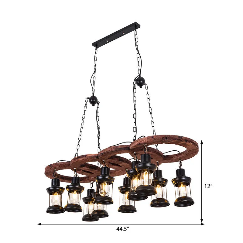 Vintage Black Lantern Chandelier Pendant Lamp - 10 Light Fixture with Clear Glass and Wooden Shelf