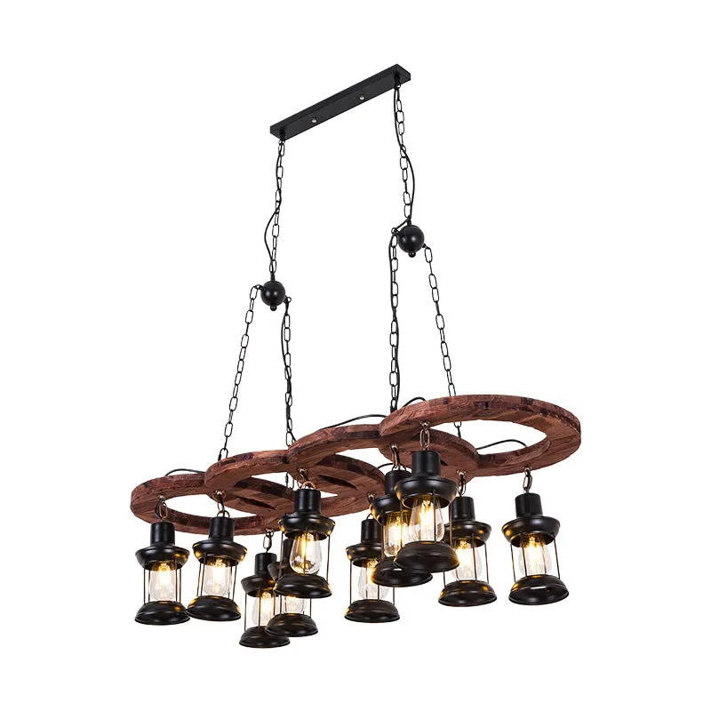 Vintage Black Lantern Chandelier Pendant Lamp - 10 Light Fixture with Clear Glass and Wooden Shelf