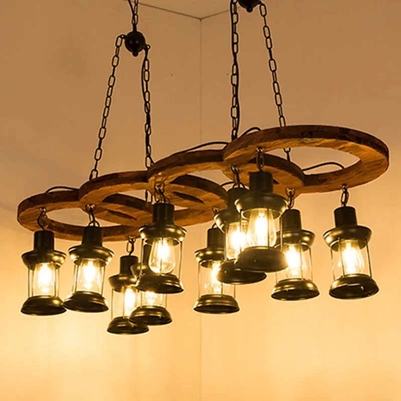 Vintage Black Lantern Chandelier Pendant Lamp - 10 Light Fixture with Clear Glass and Wooden Shelf