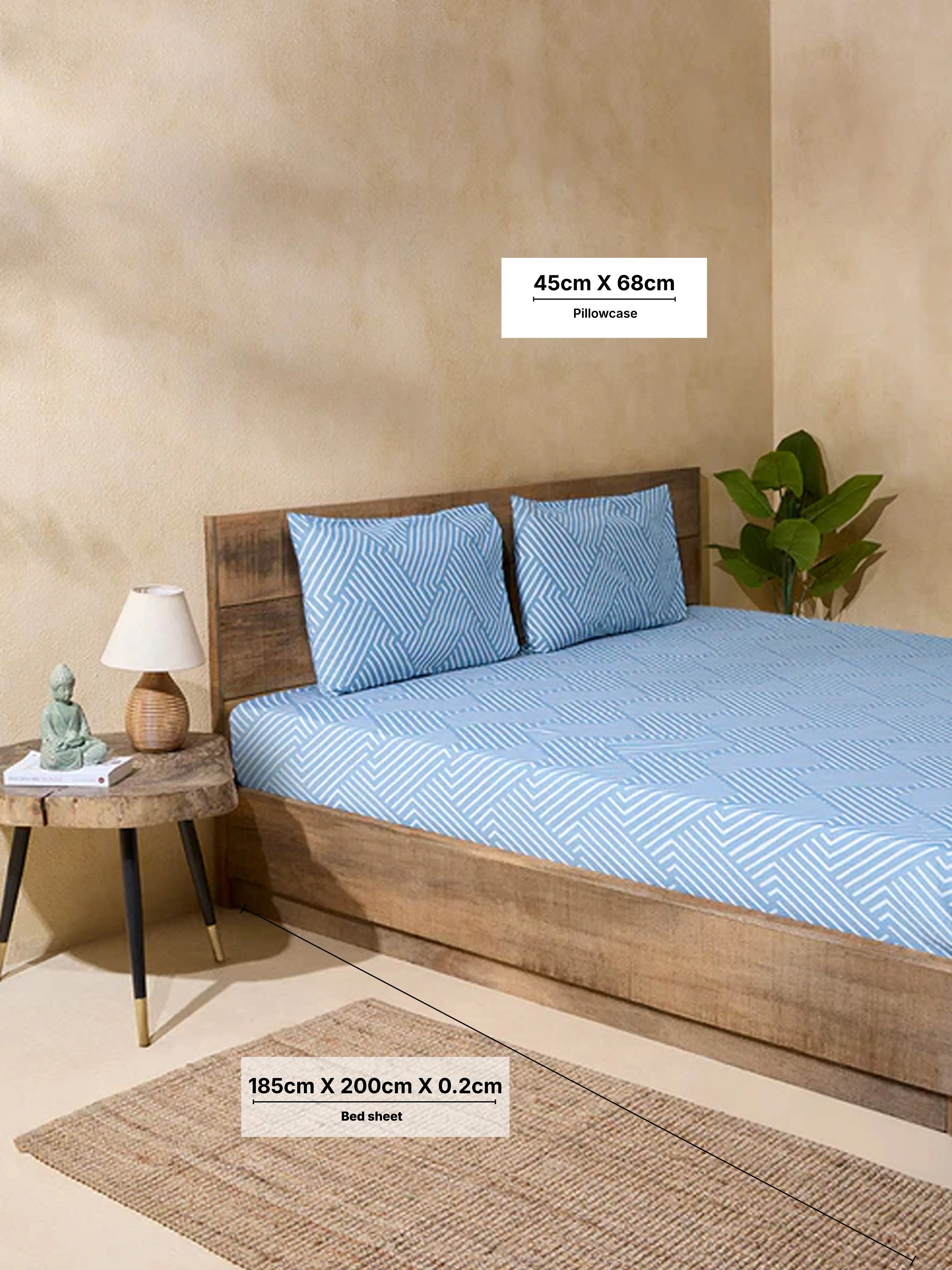 Westside Home Blue Printed King Bed Fitted Sheet and Pillowcase Set