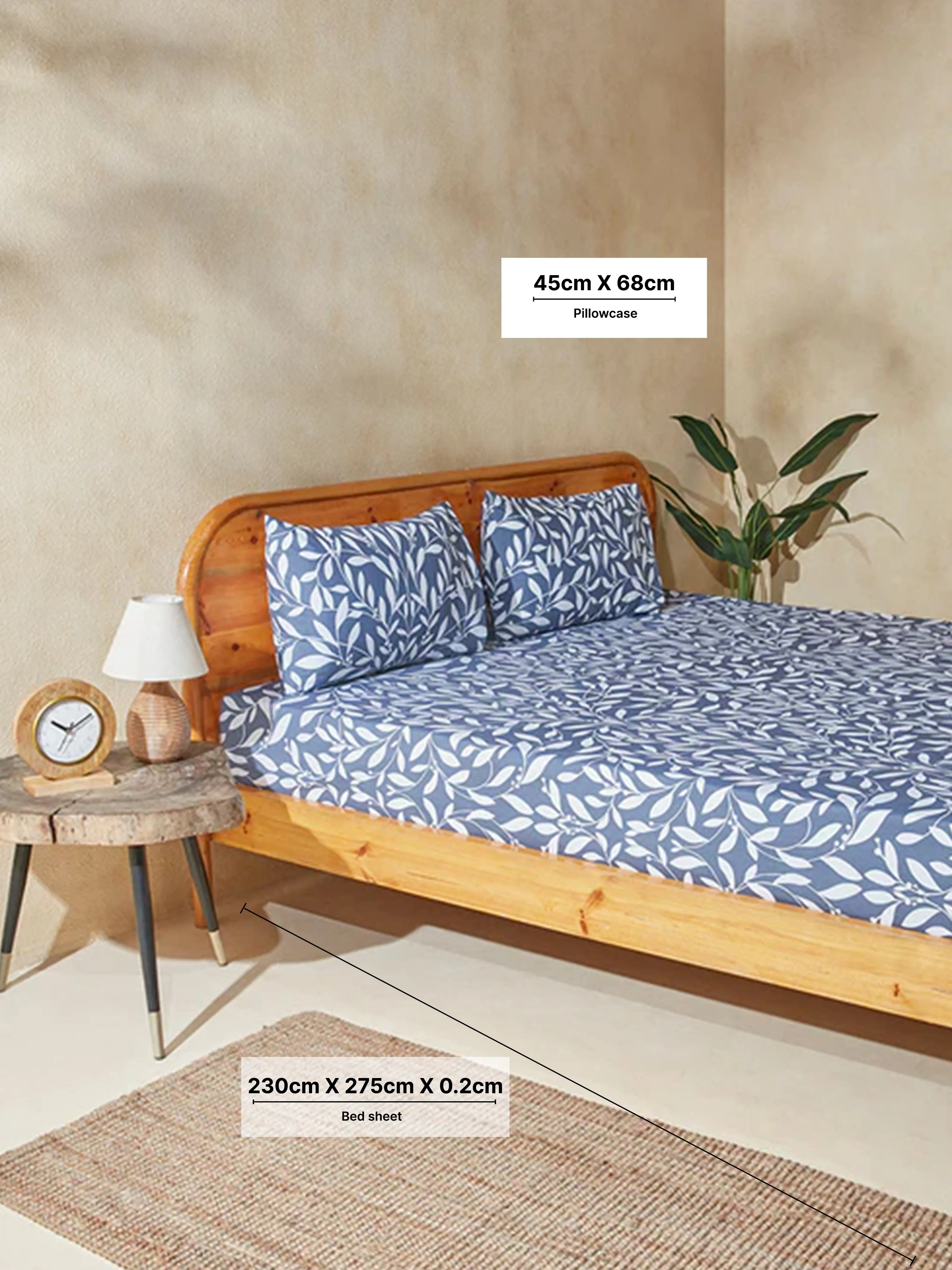 Westside Home Dark Blue Leaf Design Double Bed Flat Sheet and Pillowcase Set