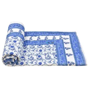 Woodsy Jaipuri Razai Rajasthani Traditional Blue Floral Print Reversible Single Bed Soft Light Weight Pure Cotton Winter and Summer Rajai Ac Quilt Razai/Rajai/Quilt/Blanket/Dohar/Comforter Twin Size