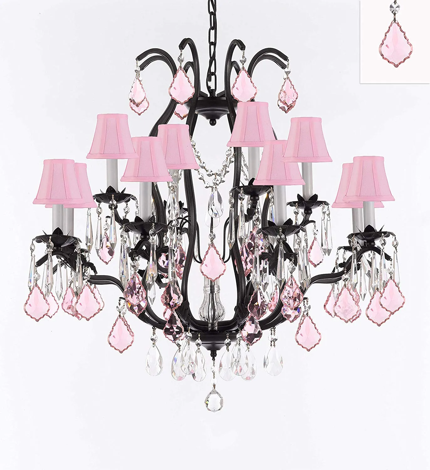 Wrought Iron Crystal Chandelier Lighting Chandeliers H30" x W28" Dressed with Pink Crystals and Pink Shades! Great for Bedroom, Kitchen, Dining Room, Living Room, and more! - F83-B110/3034/8 4-PINKSHADES