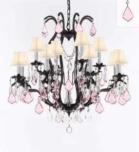 Wrought Iron Crystal Chandelier Lighting Chandeliers H30" x W28" Dressed with Pink Crystals and White Shades! Great for Bedroom, Kitchen, Dining Room, Living Room, and more! - F83-B110/3034/8 4-WHITESHADES