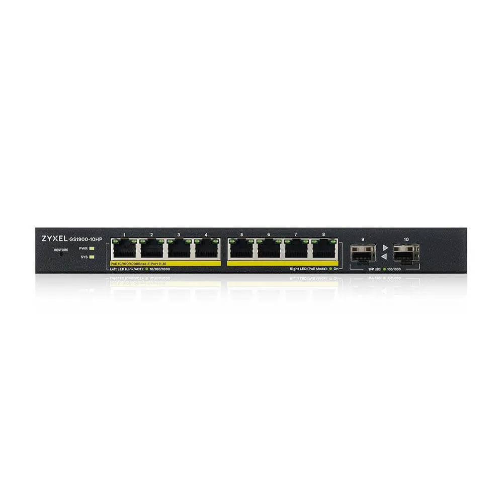 Zyxel Gs1900-10Hp Managed L2 Gigabit Ethernet (10/100/1000) Power Over Ethernet (Poe) Black